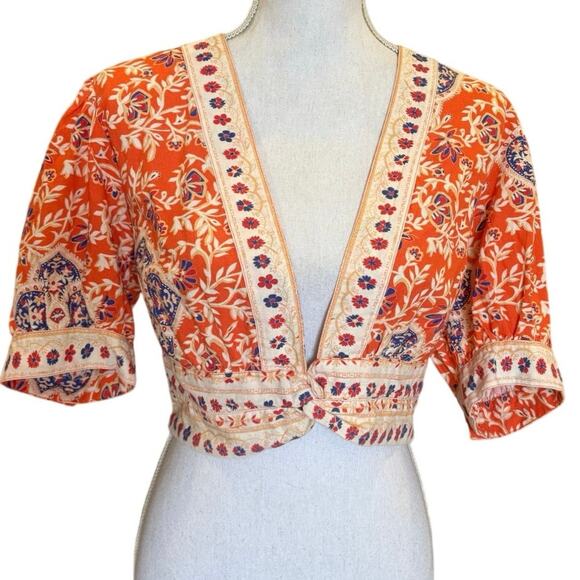 Free People Orange White Boho 100% Cotton Top Medium - Picture 2 of 5